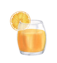 Fresh orange juice in the glass. Watercolor illustration isolated on white background. Summer drink