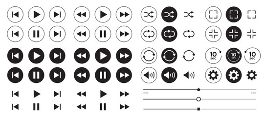 set of Black and white media control icons vector with transparent PNG background, multimedia interface buttons including play pause rewind skip forward settings volume sliders shuffle loop  © uzairaliengg@gmail.c