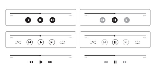 Black and white media player control icons set vector with transparent PNG background, minimalist audio interface UI buttons including play pause stop skip repeat shuffle symbols, flat outline playbar © uzairaliengg@gmail.c
