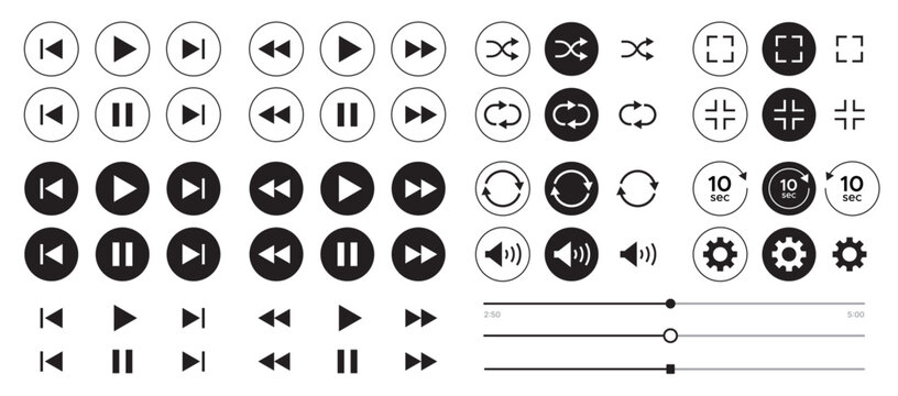 set of Black and white media control icons vector with transparent PNG background, multimedia interface buttons including play pause rewind skip forward settings volume sliders shuffle loop 