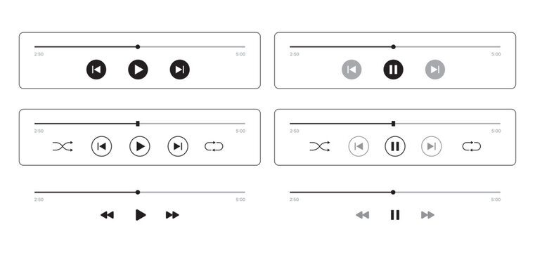 Black and white media player control icons set vector with transparent PNG background, minimalist audio interface UI buttons including play pause stop skip repeat shuffle symbols, flat outline playbar