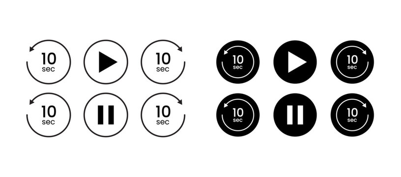 Black and White Audio Playback Control Icon Set with 10 Second Skip, Play and Pause Buttons, Circular Minimalist Media Symbols, Transparent PNG Vector Pack for Mobile App UI and Web Interface Design

