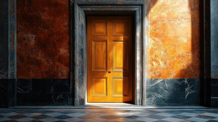 Illuminated entrance: a classic wooden door framed by marble walls and floors