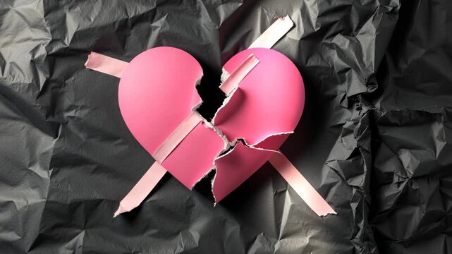 Heartache depicted with tape mending and wrinkled paper sheet background, theme of love problems.