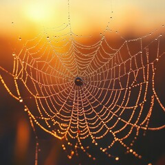Naklejka premium Dew-kissed spiderweb at sunrise