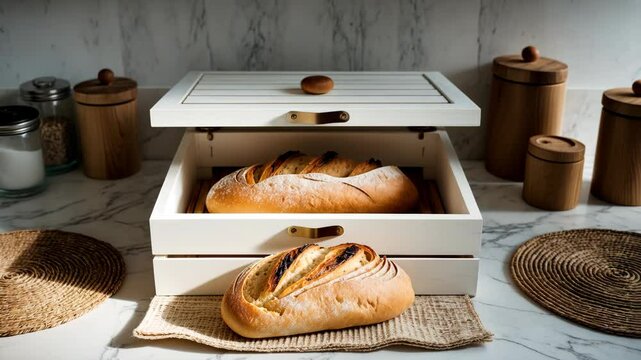 Freshly baked loaves in a wooden bread basket on a white marble kitchen table.