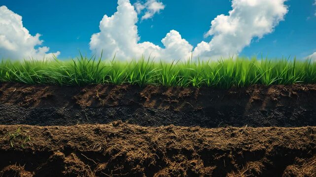 Soil and grass cross section beneath a blue sky.