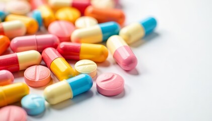 Collection of colorful pills isolated on white background, medicine, oval