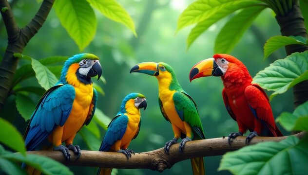 Collection of colorful tropical birds, such as parrots and toucans, in a vibrant and lush rainforest environment, wild, flock