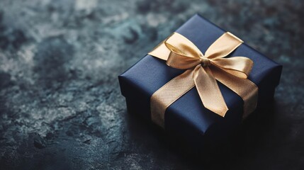 a single navy blue gift box wrapped with luxurious golden ribbon presented on a textured dark surface evoking feelings of anticipation and refined elegance
