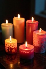 Collection of decorative candles with glowing flames and intricate cut outs, detail, light, silhouette