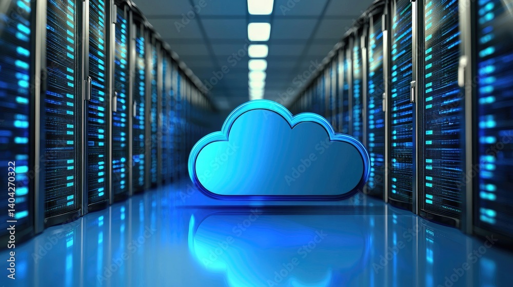 Aufkleber glossy blue cloud icon in a data server corridor symbolizes cloud computing, ideal for it infrastruc