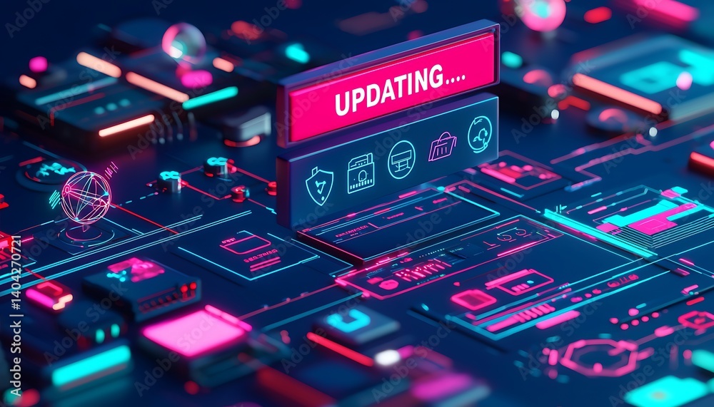 Fototapete system update with neon tech interface.
