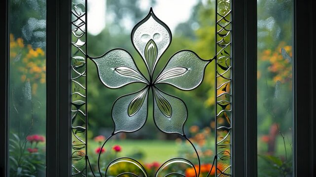 Textured glass entrance door surface with decorative design patterns