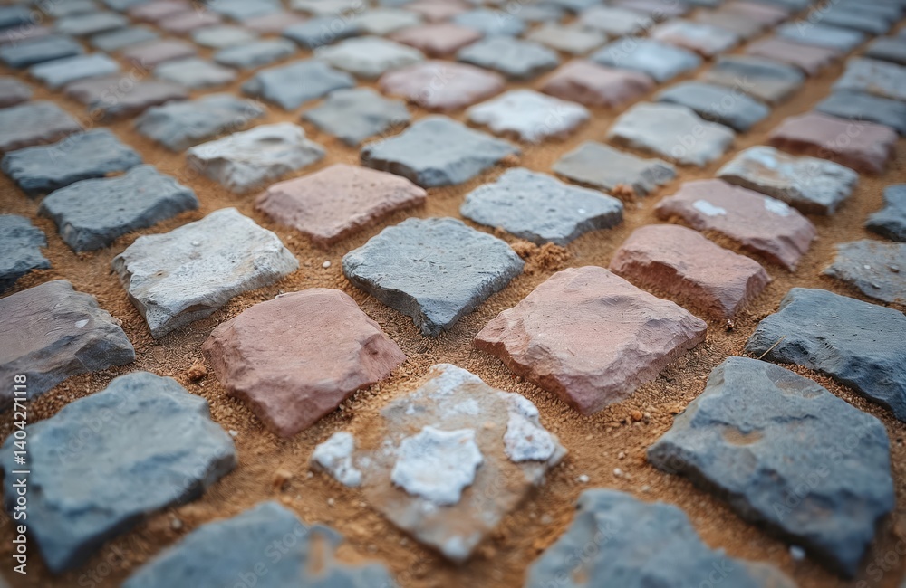 Poster close-up photo captures stone paving texture. cobblestone pattern, multi-colored rock tiles on sand.