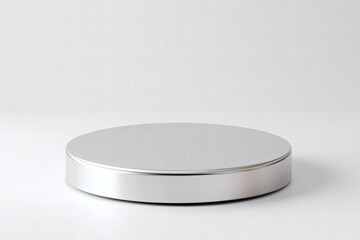 Sleek Circular Glossy Silver Cap Resting on a White Surface Against a Softly Lit Gray Background, Ideal for Cosmetic or Pharmaceutical Product Mockups and Modern Presentations
