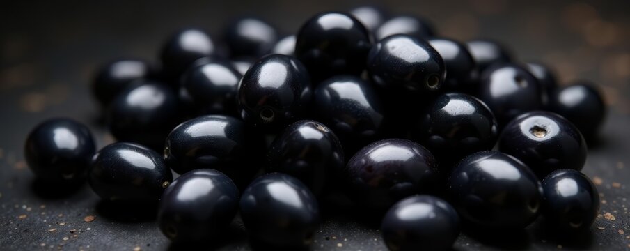 Collection of shiny black olives piled together, olives, pitless