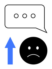 Sad face beside speech bubble with ellipses and an upward blue arrow. Ideal for communication, emotional growth, improvement, encouragement, leadership, therapy, motivation. Flat simple metaphor