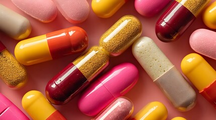 A close-up shot reveals a vibrant collection of colorful capsules and pills scattered on a pink background.