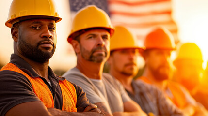 Group of five construction workers in hard hats standing proudly in front of the American flag at sunset.