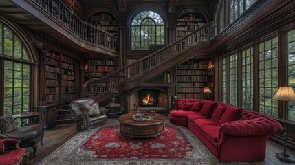 Luxurious library with a spiral staircase, fireplace, and red velvet seating