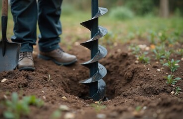 Man drills hole earth ground. Auger digs well hole. Construction worker prepares site. Groundwork activity, geo exploration. Geothermal energy project. Bore, prepare foundation, dig pit. New well for