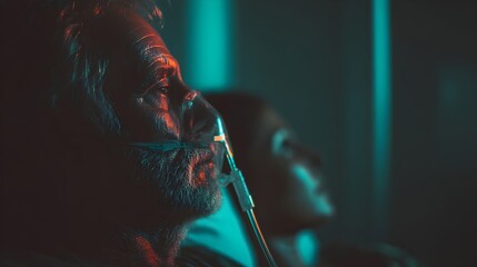 A senior man lies in a hospital bed receiving oxygen therapy treatment while another person is in the background.