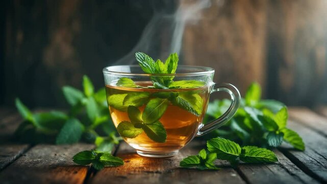 Glass cup of herbal tea with mint leaves on a wooden table. Organic aromatic drink that is healthy.