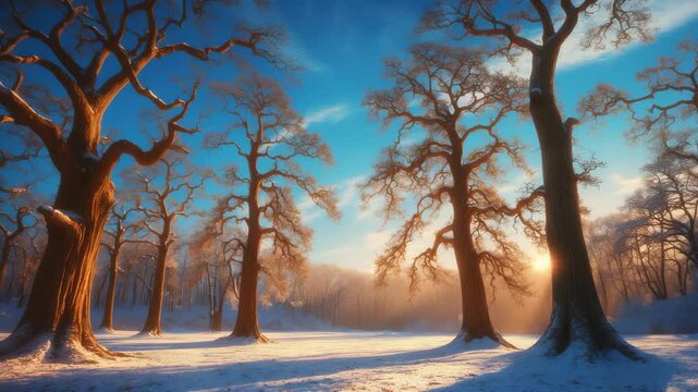 A portrayal of winter trees stripped of leaves post-season. Oak trees' branches, trunks, and leaves against a blue sky. Nature's expressionism.