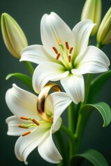 Obraz premium Two gold bands entwined within a bouquet of white lilies, wedding bouquet, close-up