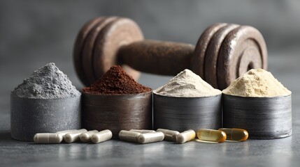 Four different types of protein powder and capsules sit before a rustic dumbbell on a dark gray background perfect for fitness supplement advertising.