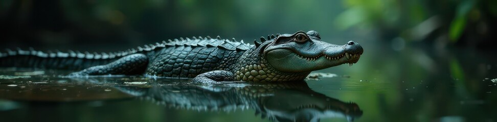 Obraz premium Ancient alligator, silently gliding through dark swamp water , predator prey, predator, stealth