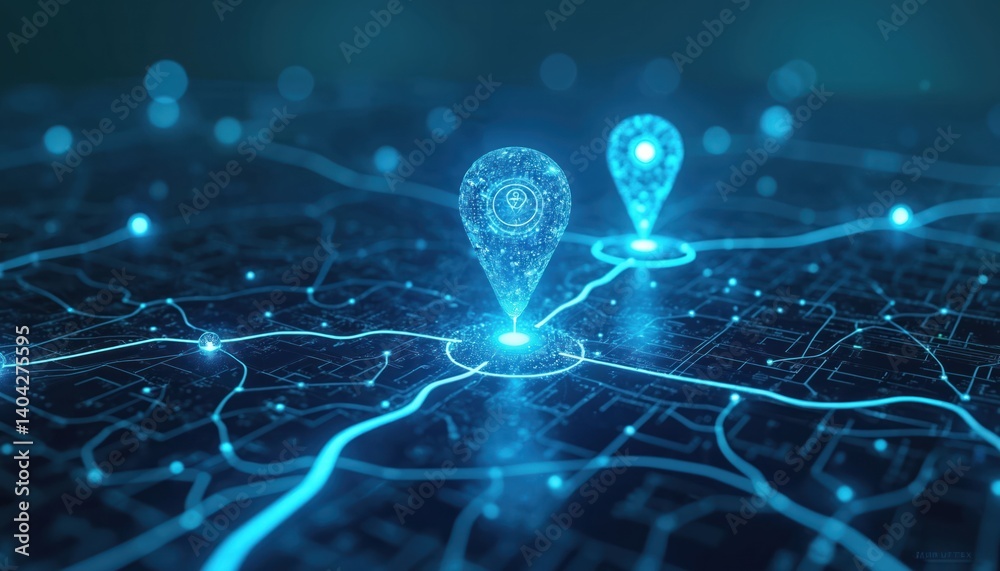 Aufkleber Digital map two AI location icons representing AI tech in GPS. Navigational concept, precise address, journey destination. AI application, AI technology, digital transformation, innovation in tech.