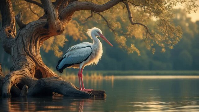 A migratory stork resting on a pollarded sycamore by the lake's edge
