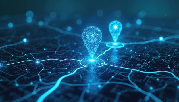 Digital map two AI location icons representing AI tech in GPS. Navigational concept, precise address, journey destination. AI application, AI technology, digital transformation, innovation in tech.