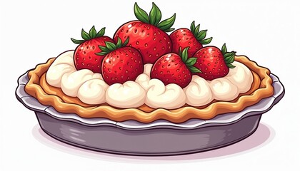 Hand-drawn cartoon illustration featuring delicious cream pie topped with fresh juicy strawberries. Image suitable for food blogs, recipe websites, pastry shops, cafe menus, cooking books, bakery