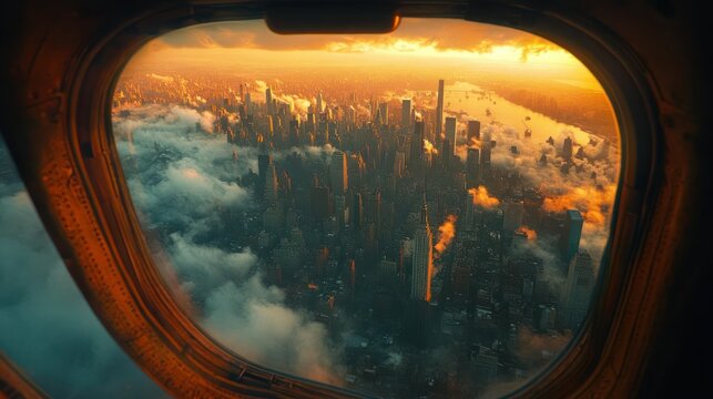 Fototapeta Aerial view of New York City skyline at sunset, seen through an airplane window