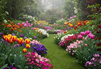 Fototapeta premium Vibrant Flower Garden with Rows of Colorful Blooms and Green Foliage