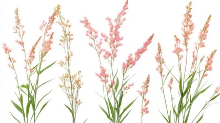 Create 10 prompts for stock photos related to Set fresh field flowers isolated on white background with 150-200 characters and ending with