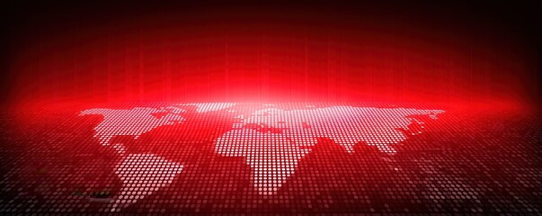 A digital representation of a world map in red tones, comprised of illuminated dots against a dark background, suggesting a tech or futuristic theme.