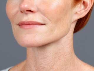 Obraz premium A close-up portrait of a woman showcasing her facial features, highlighting smooth skin and a subtle smile against a neutral background.