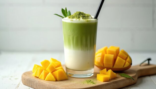 Refreshing matcha mango latte. Creamy layered drink served in glass with straw. Garnished fresh fruit, powder matcha on wooden board. Healthy, exotic, cold beverage perfect for summer cafes.