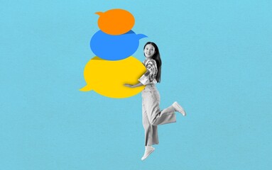 Jumping young Asian girl with blank speech bubbles on light blue background. Dialogue concept