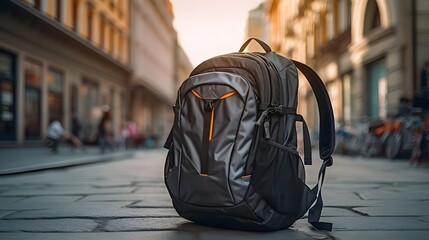 Backpack resting on cobblestone street in European city