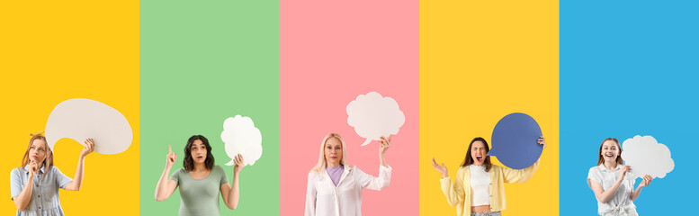 Set of women with blank speech bubbles on color background