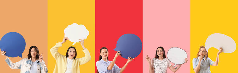 Set of women with blank speech bubbles on color background