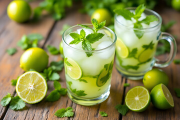 Fototapeta premium Refreshing Lime and Mint Cocktails on a Rustic Wooden Table.