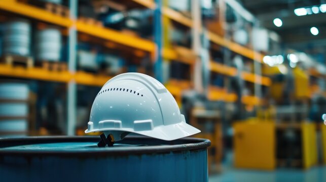 safety first concept with a pristine white hardhat perched atop a teal drum in a bustling warehouse setting symbolizing workplace safety protocols and industrial security measures