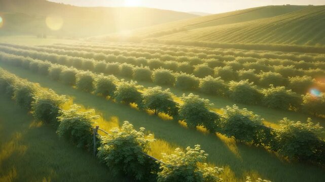Bird's-eye view of rural fields shielded by lines of windbreaks
