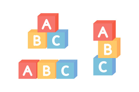 Colorful alphabet blocks child toy set. Education, leisure, childhood, preschool learning concepts. Flat decorative vector design isolated illustration.